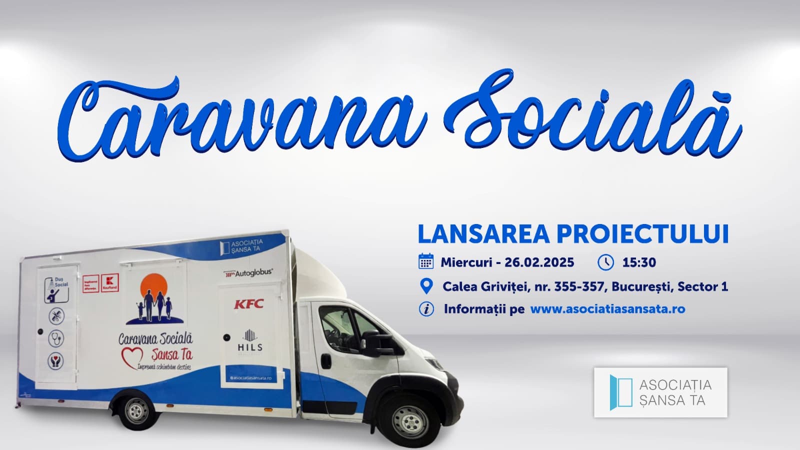 Afiș de lansare a Caravanei Sociale Șansa Ta, echipată pentru duș social și frizerie
